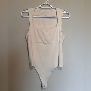 American Eagle Ribbed Square Neck Bodysuit Cream White | Size L